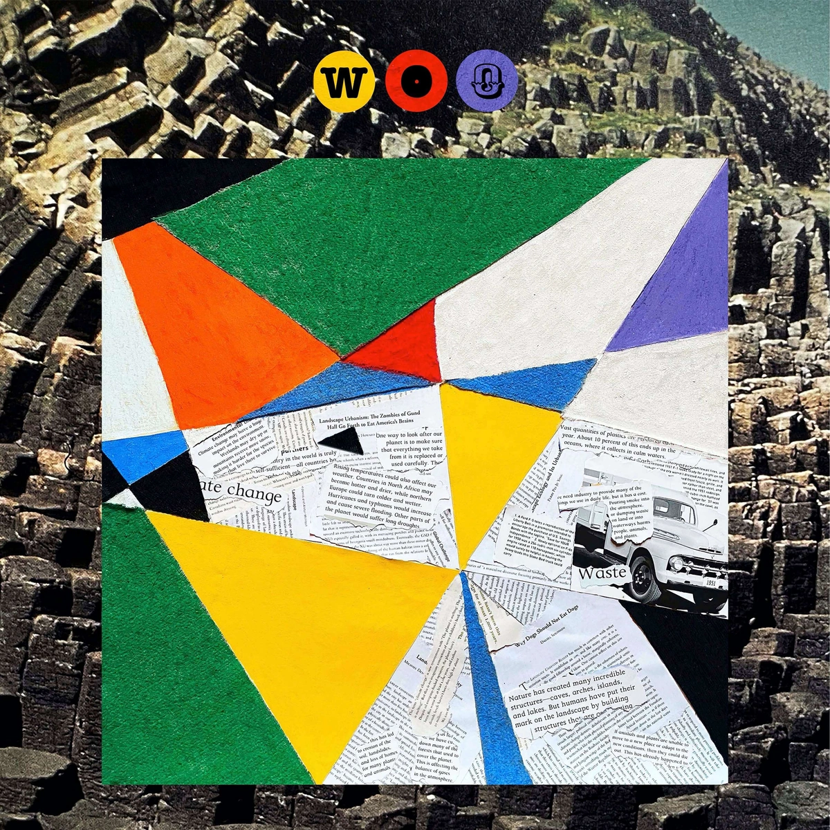 Quabe album artwork with overlapping angular shapes in green, orange, purple and yellow over a black-and-white city photograph.